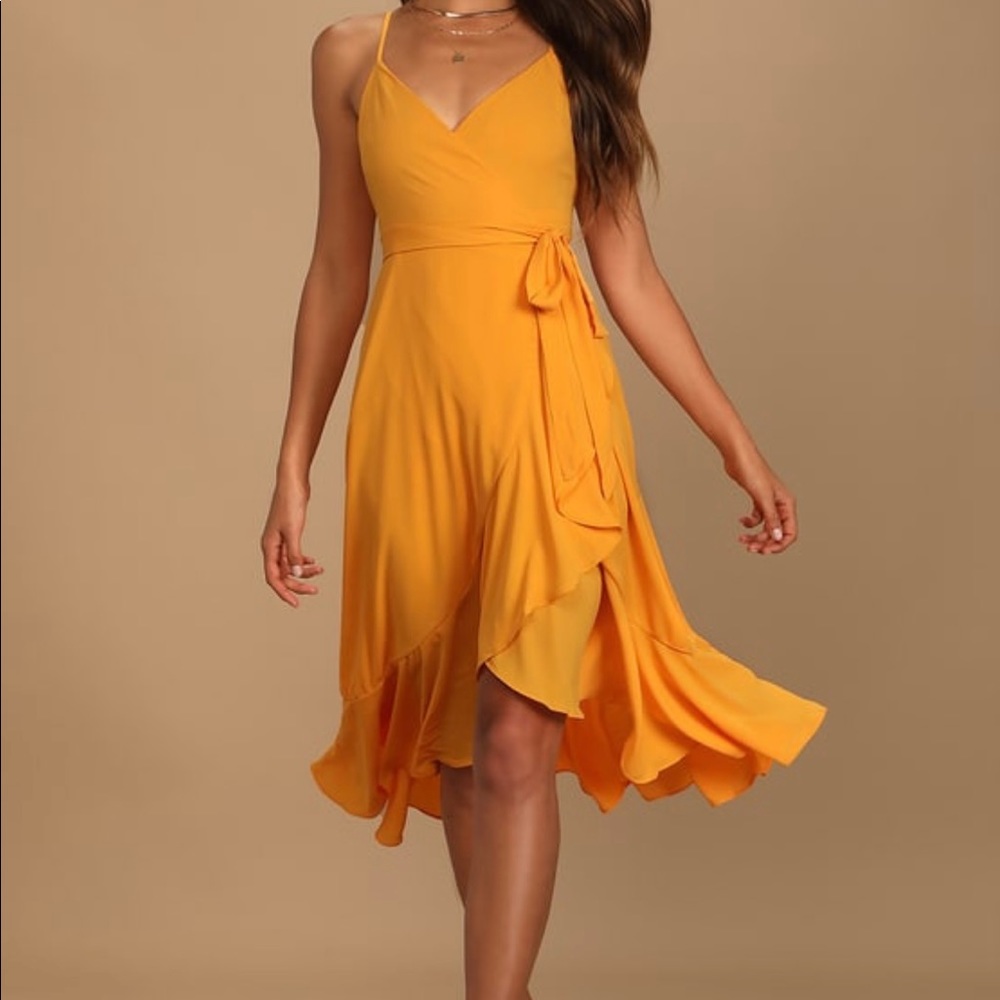 Lulus Manhattan Moment Bright Orange Ruffled Wrap Midi Dress